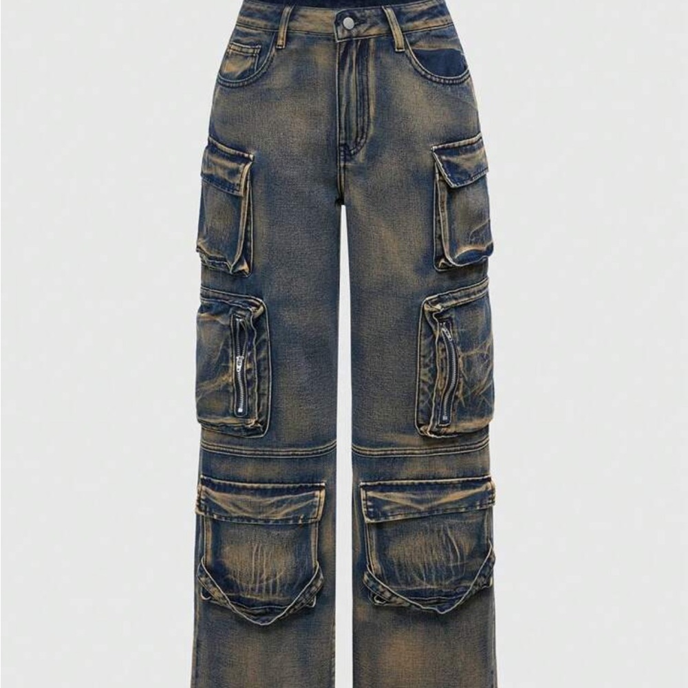 ROMWE Distressed Wide Leg Jeans in Blue and Tan